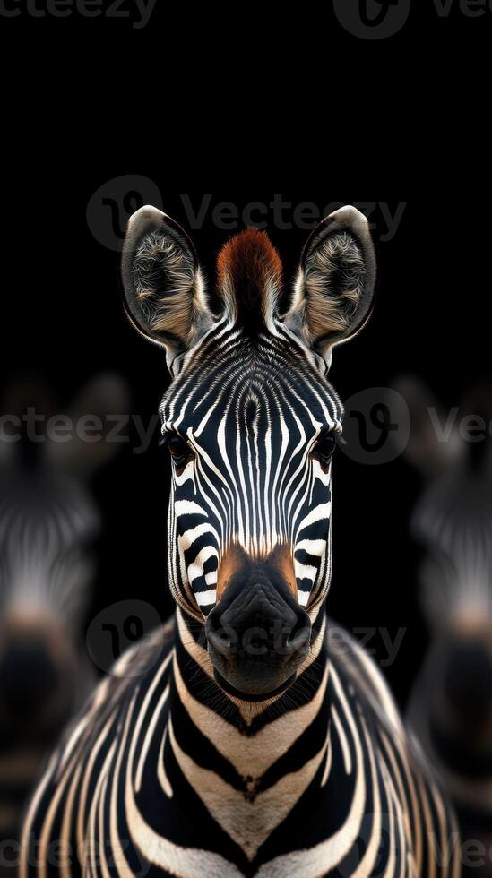 Striking close-up of a zebra against a dark background featuring multiple zebras in the distance photo
