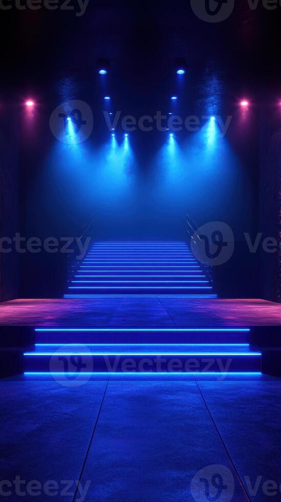 Colorful neon lights illuminate a modern staircase in a dark venue, creating a vibrant atmosphere for events photo