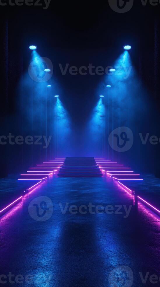 Vibrant neon-lit pathway with smoke effects creating a dramatic atmosphere at dusk in an urban setting photo