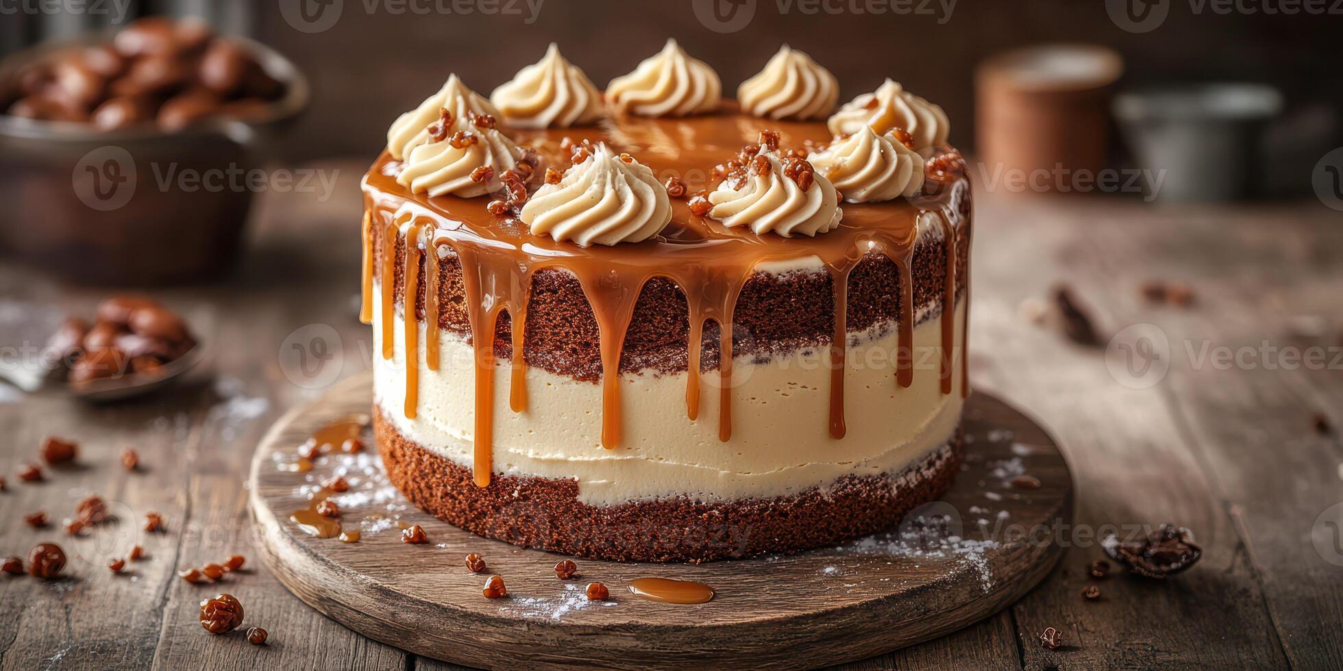Delicious caramel cake with creamy frosting and elegant decorations on a rustic wooden table photo