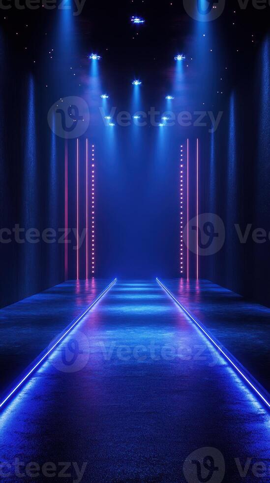 Dramatic runway setting illuminated by vibrant blue and pink lights in an elegant fashion venue photo