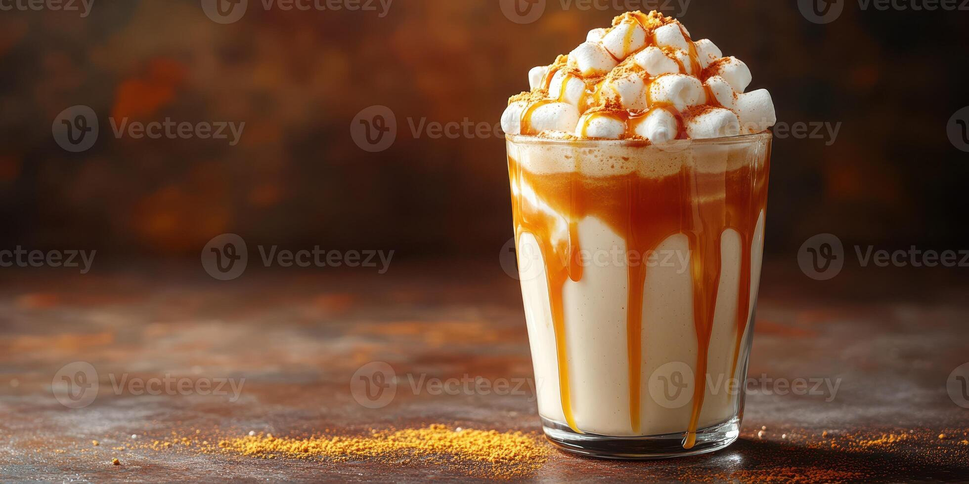 Creamy beverage topped with marshmallows and drizzled caramel creates a warm, inviting atmosphere in a cozy setting photo