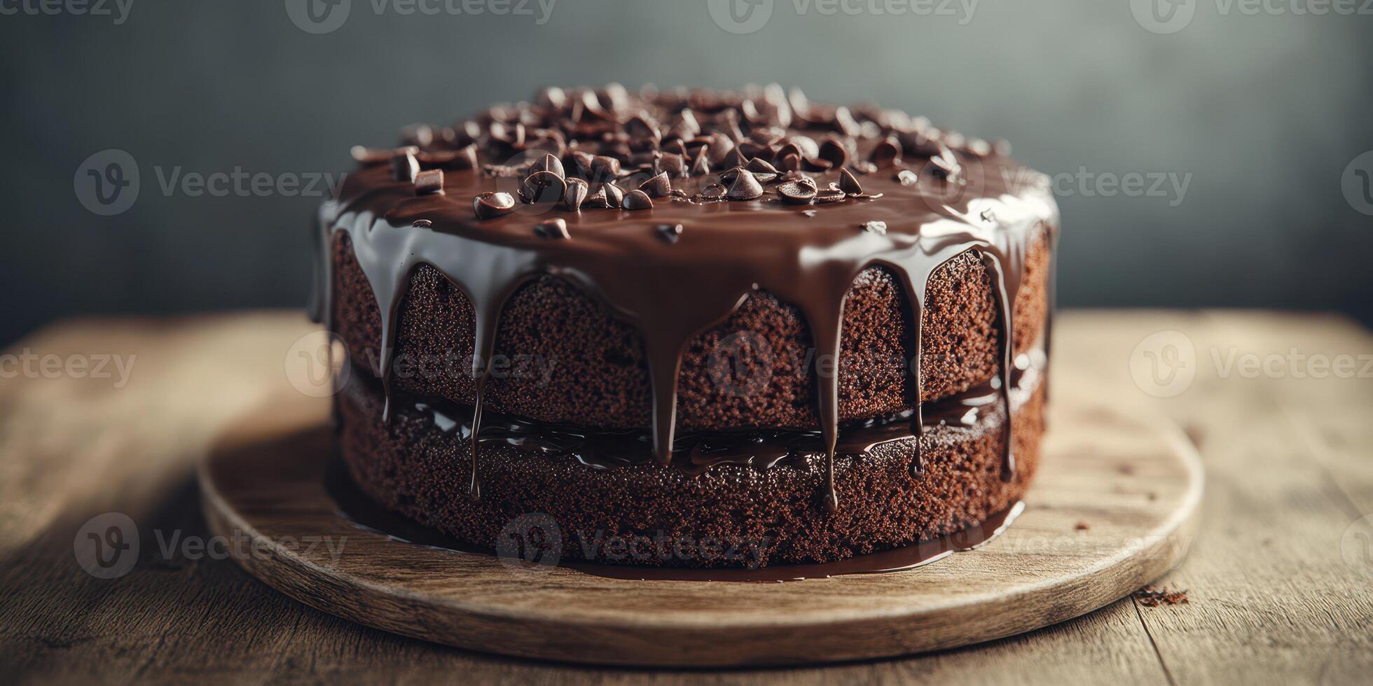Delicious chocolate cake topped with melting ganache and chocolate chips on a rustic wooden surface photo
