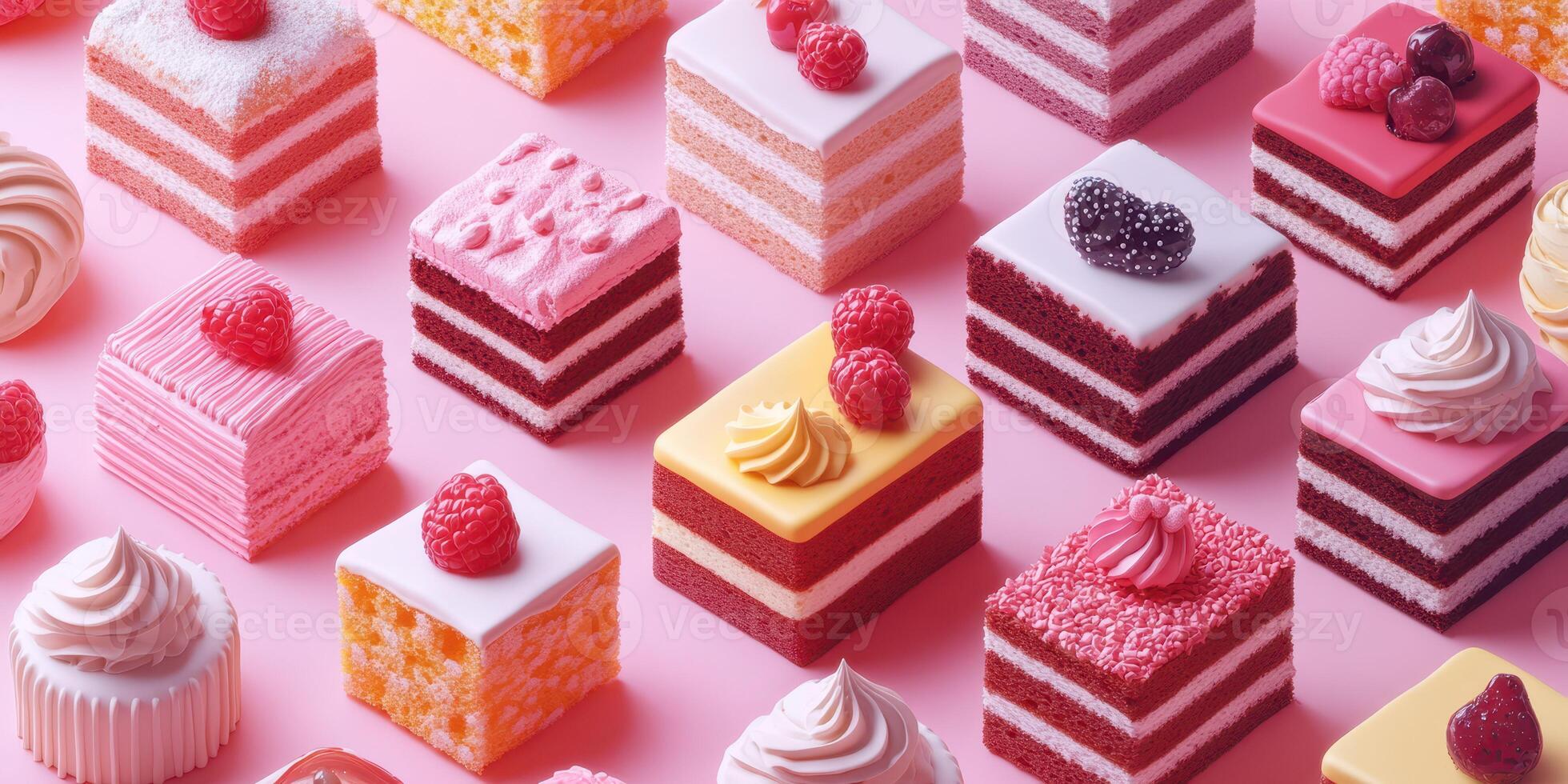 Colorful array of assorted cakes and pastries displayed on a pink background at a dessert shop photo