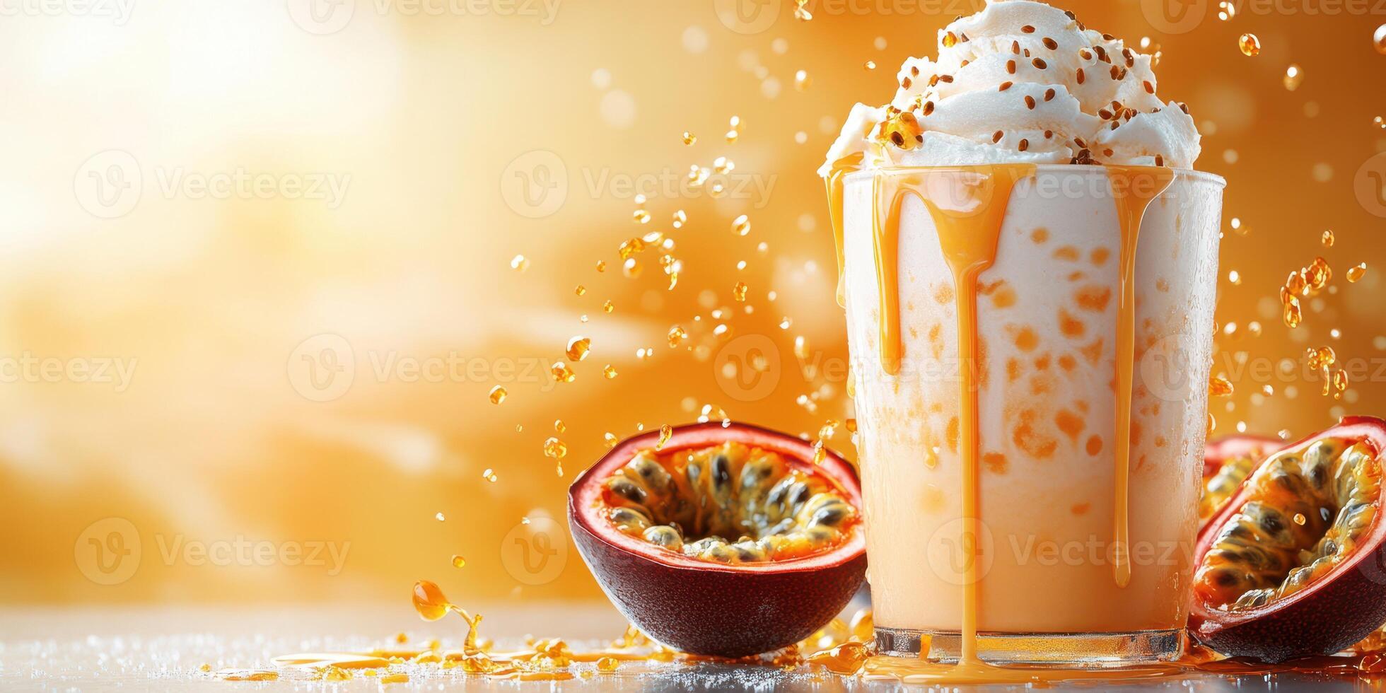 Delicious passion fruit dessert with whipped cream and caramel drizzles displayed on a bright background at a culinary event photo
