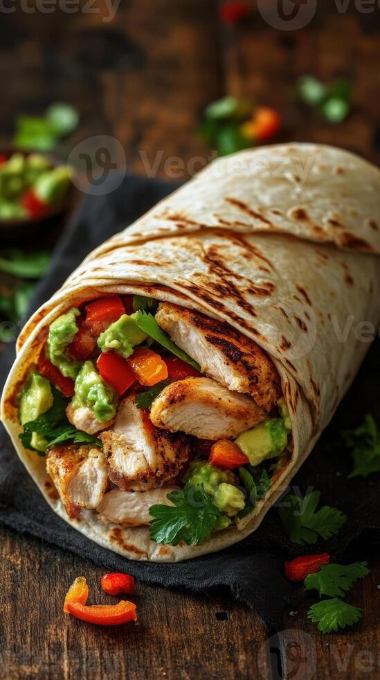 Delicious chicken wrap stuffed with fresh vegetables and guacamole on a rustic wooden table photo