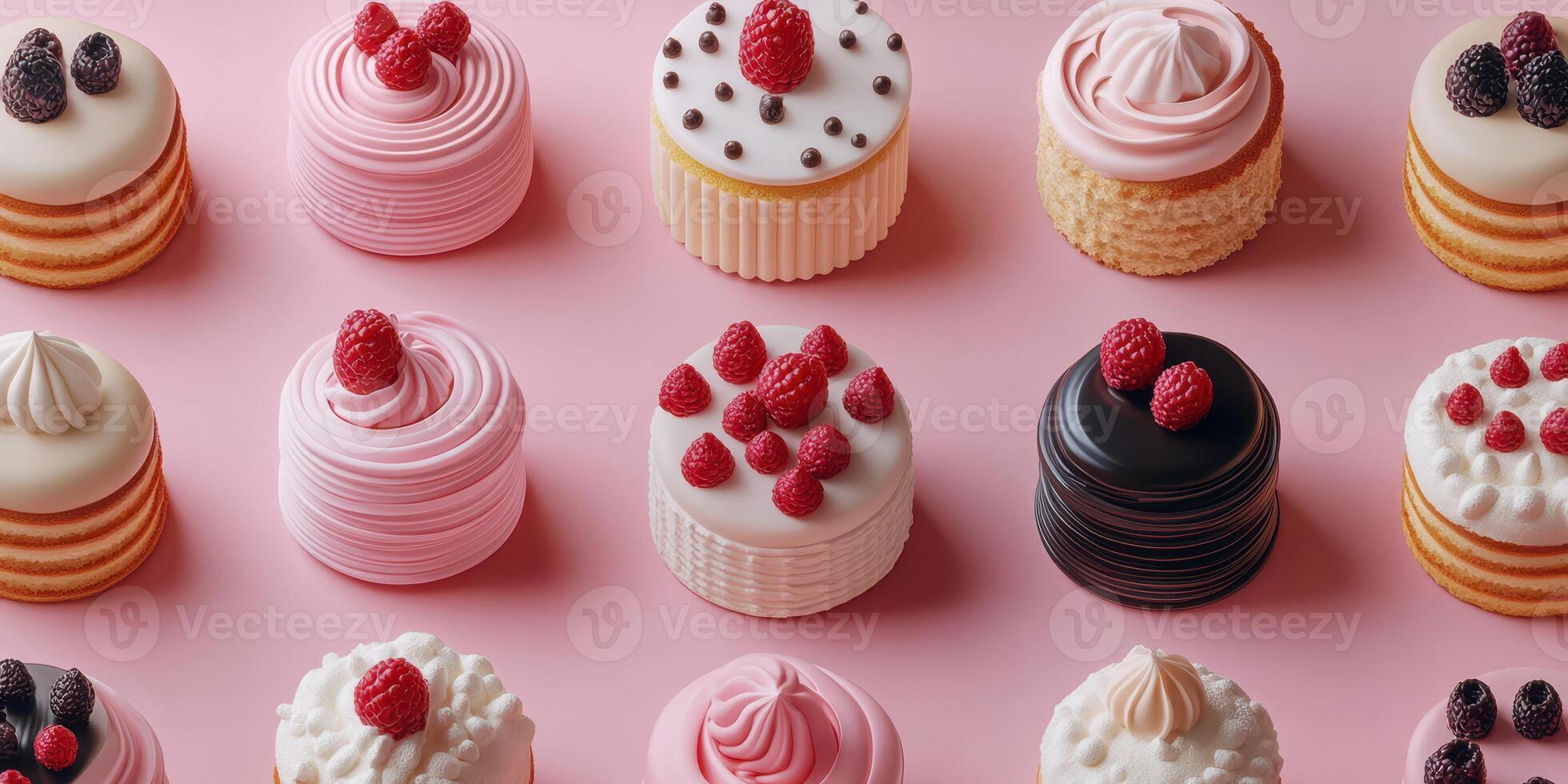 Delightful assortment of beautifully decorated mini cakes arranged on a pink background for a charming dessert presentation photo