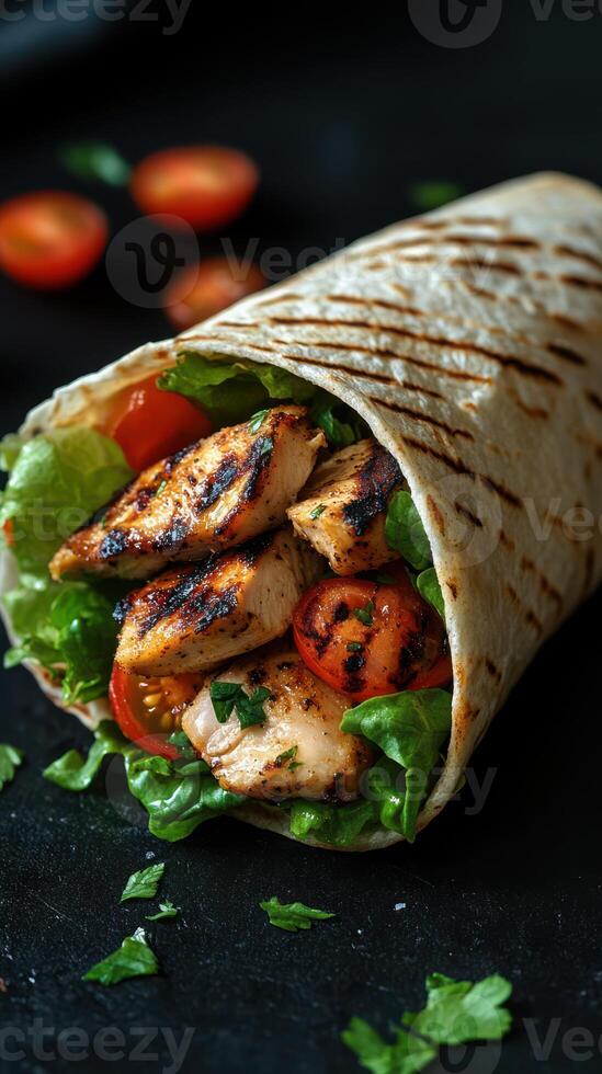Grilled chicken wrap with fresh vegetables and herbs served on a dark background photo
