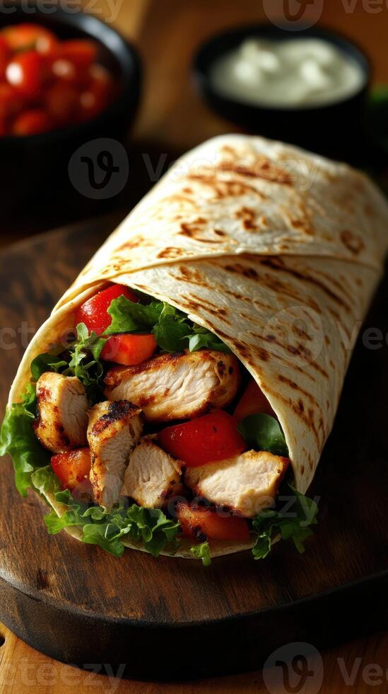 Grilled chicken wrap with fresh vegetables and tortillas served on a wooden board photo