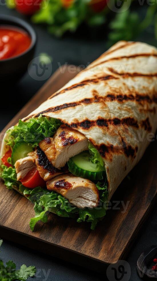 Grilled chicken wrap with fresh vegetables served on a wooden board during a casual meal photo