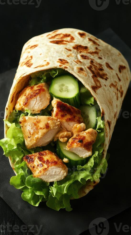 Freshly made grilled chicken wrap with lettuce and cucumbers for a healthy lunch option photo