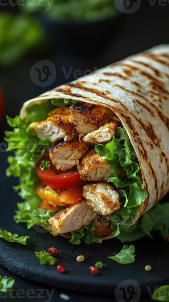 Grilled chicken wrap with fresh vegetables served on a black plate in a cozy setting photo