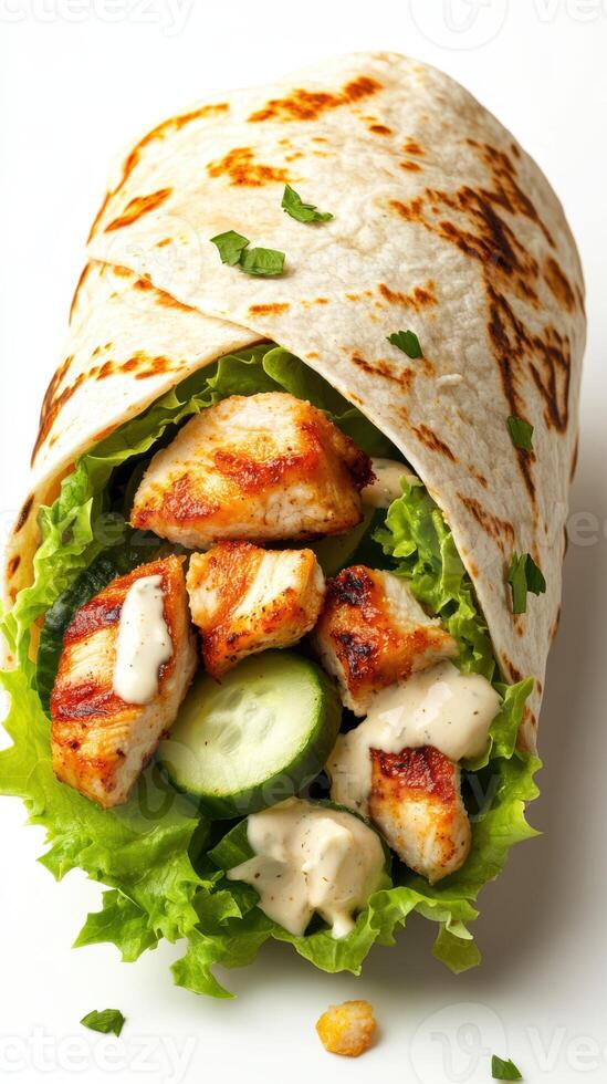 Grilled chicken wrap filled with fresh vegetables and creamy sauce ready to be enjoyed photo
