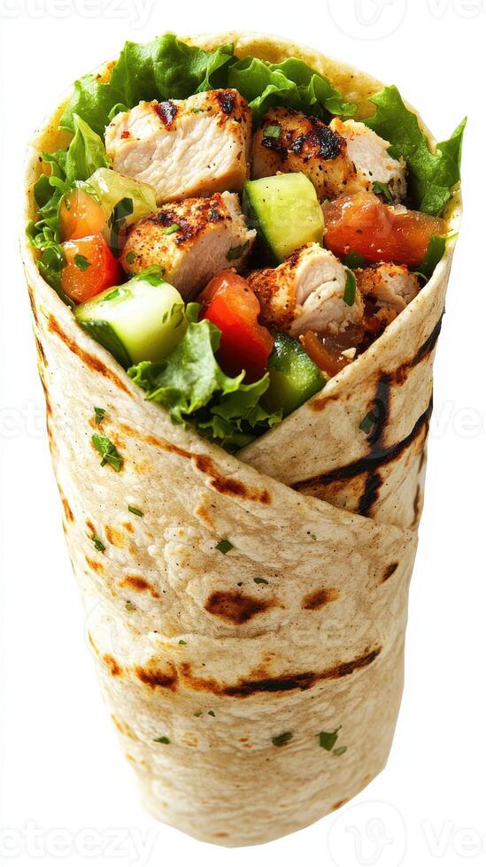Grilled chicken wrap with fresh vegetables and herbs in a tortilla enjoyed at a casual dining setting photo
