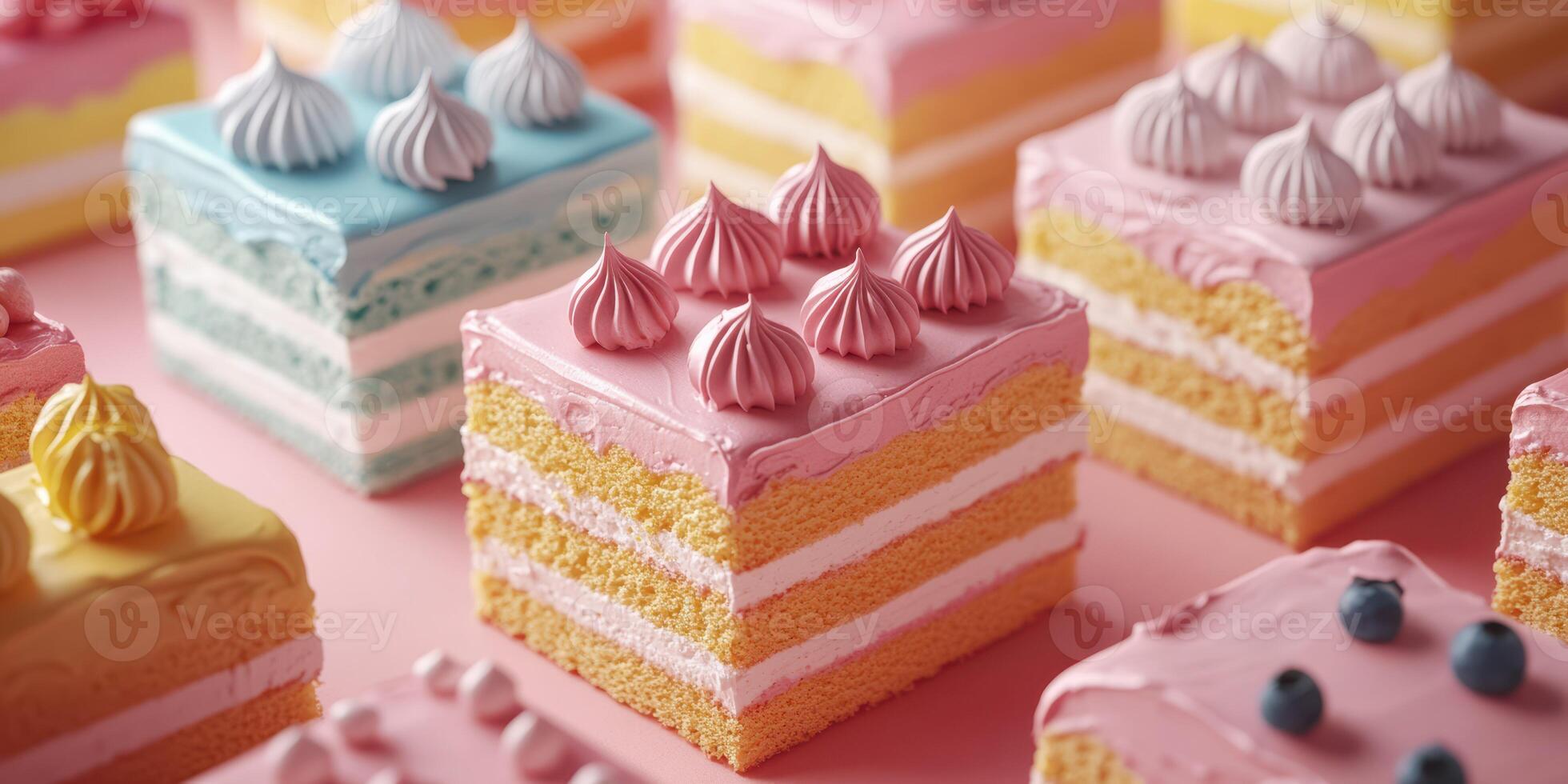 Colorful dessert slices displayed on a pink background during a dessert event in a cafe photo