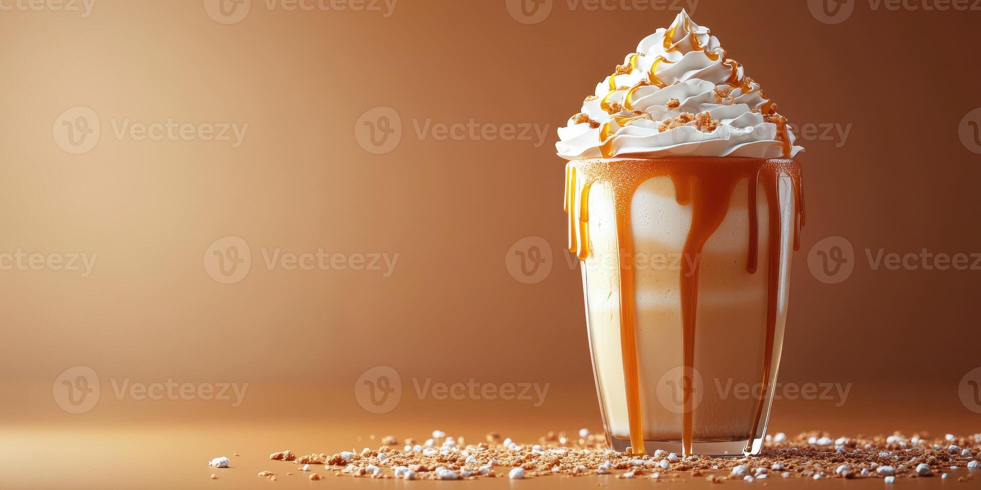 Creamy caramel milkshake topped with whipped cream and drizzled with sauce in a warm setting photo