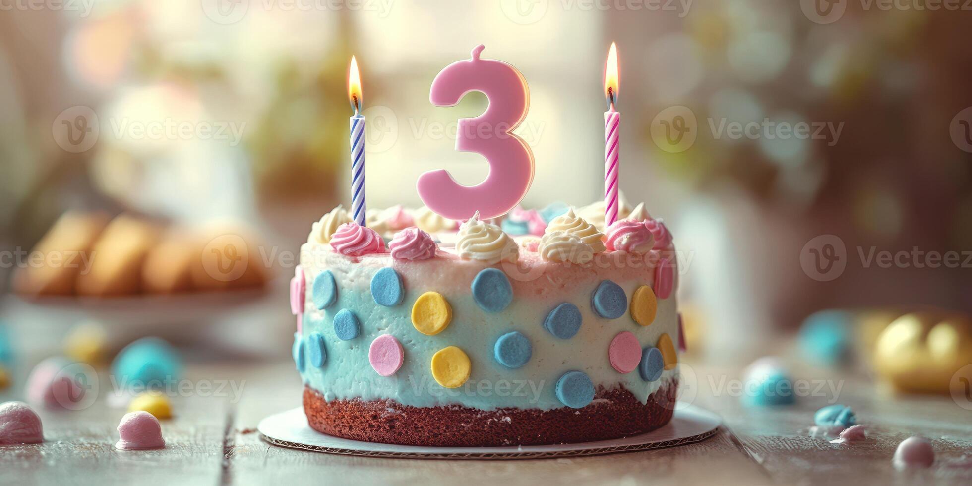 Colorful birthday cake for a third birthday celebration with candles and decorations in a warm setting photo