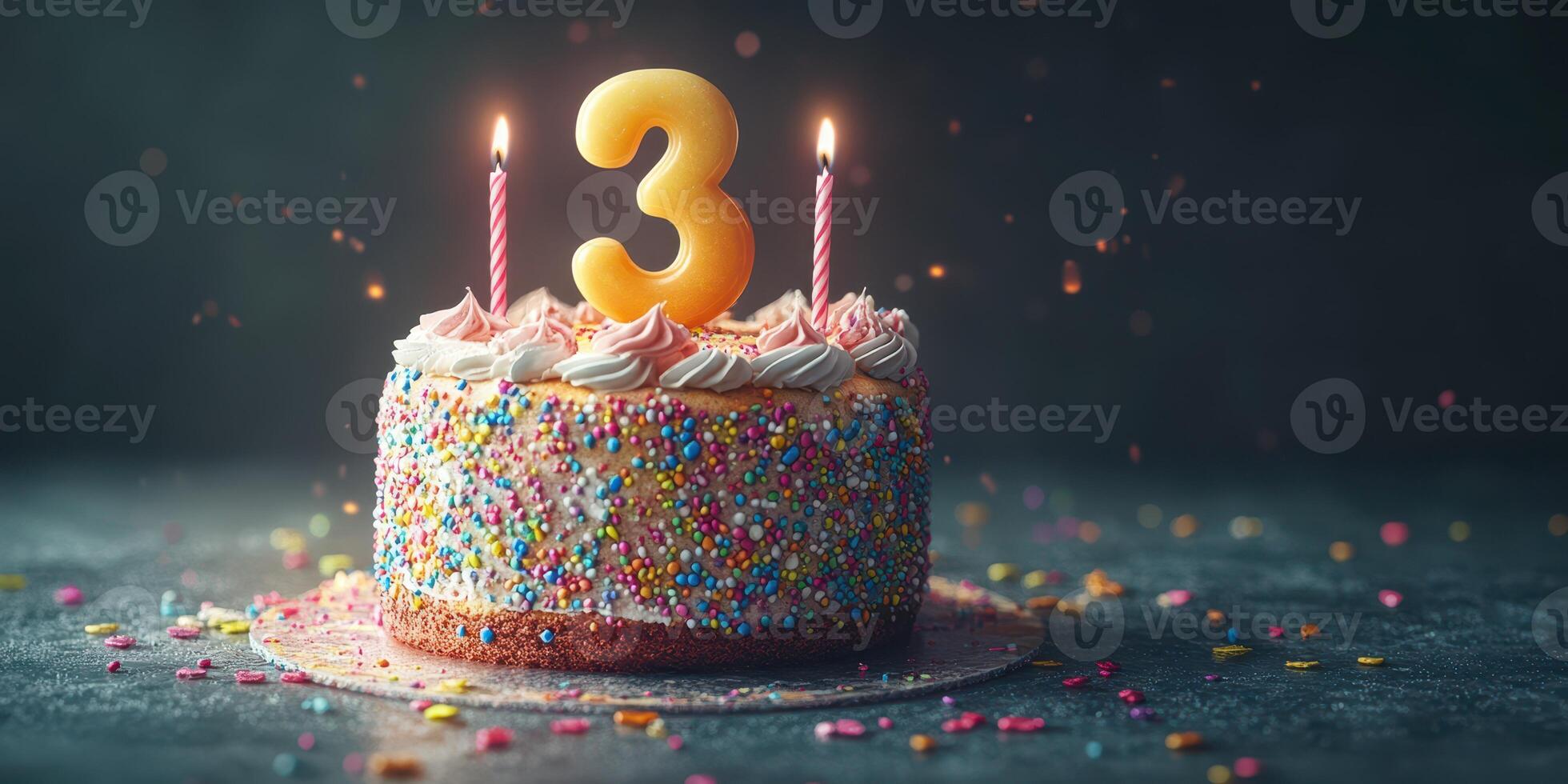 Birthday celebration with a colorful cake featuring a golden number three and candles in a festive setting photo