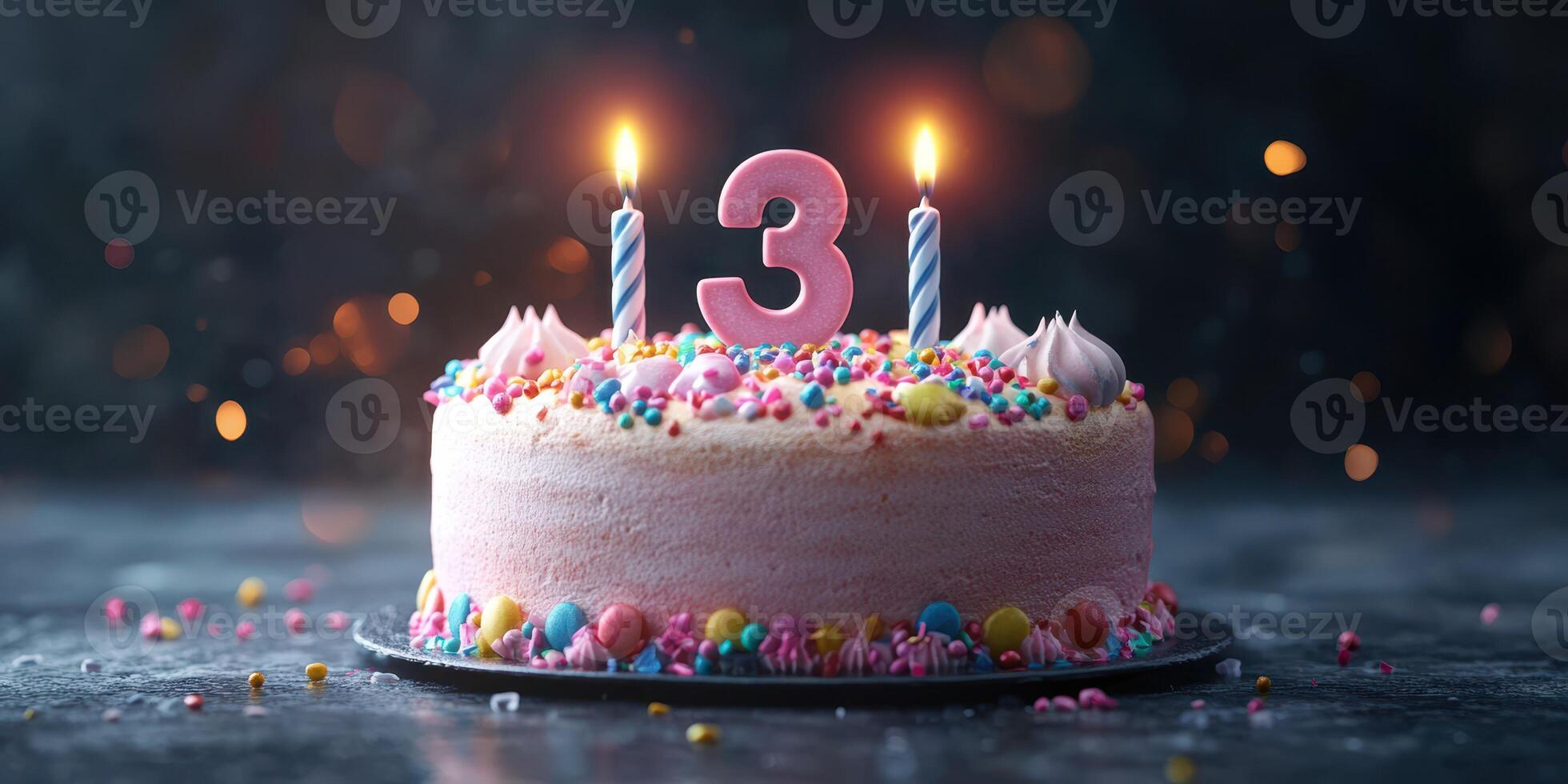 Birthday cake with decorations and candles celebrating a child's third birthday photo