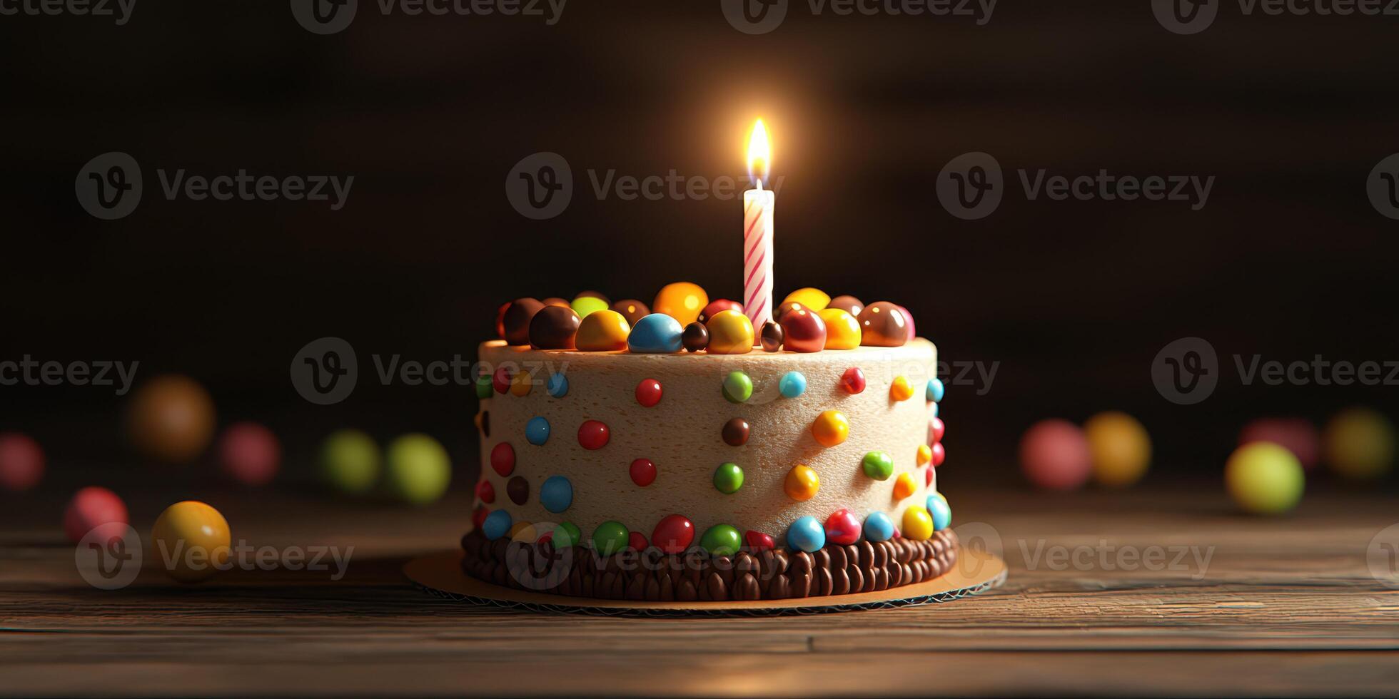 Colorful birthday cake with a single candle and festive decorations in a warm, rustic setting photo