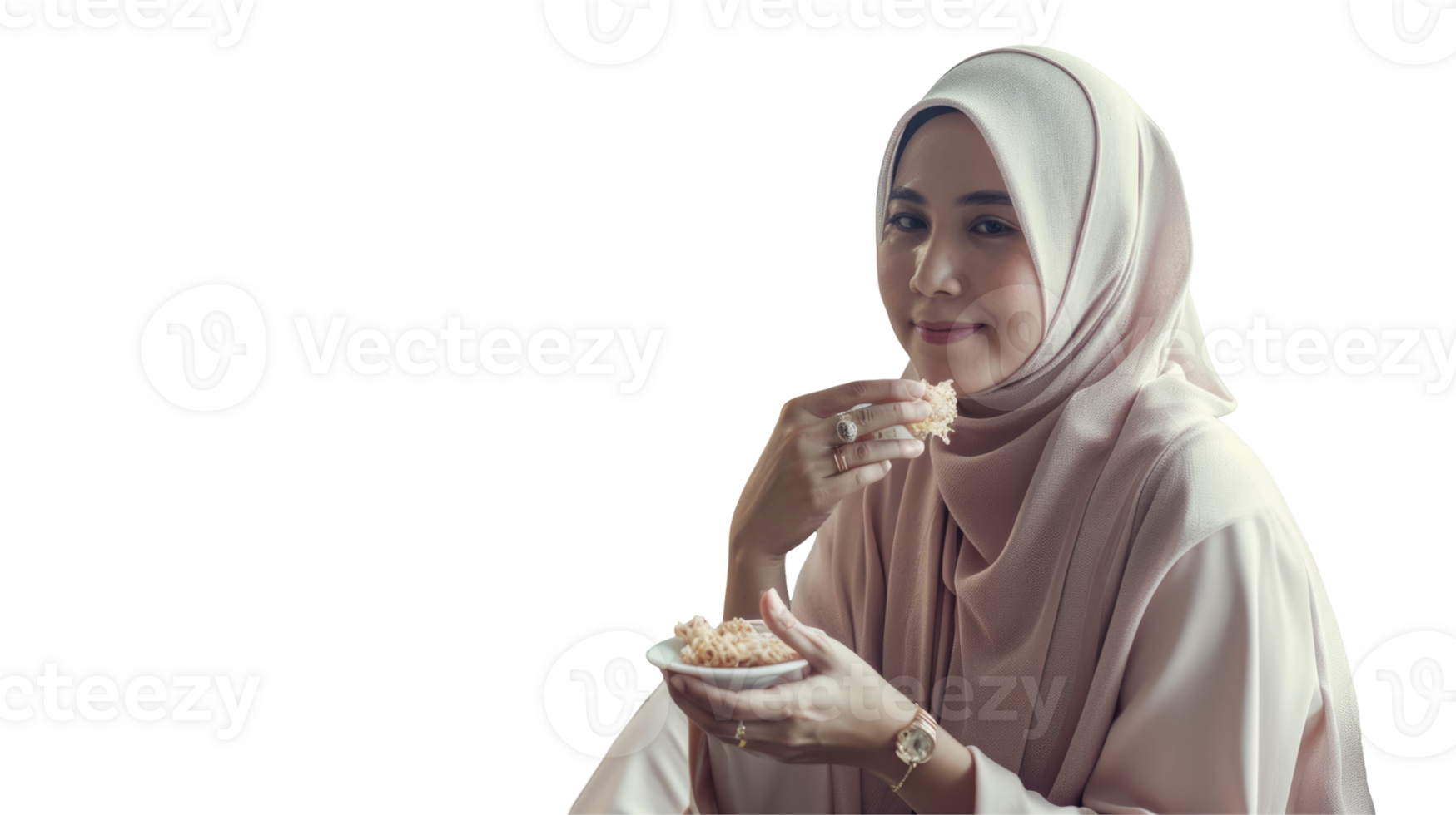 A woman in a hijab eating a piece of food png