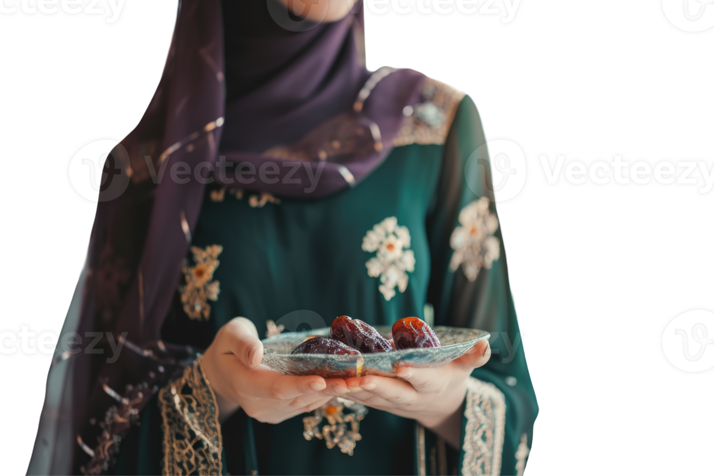 A muslim woman in a green dress holding a plate of dates png
