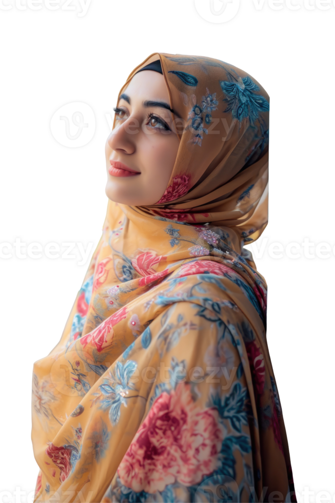 A woman wearing a hijab in a floral pattern png