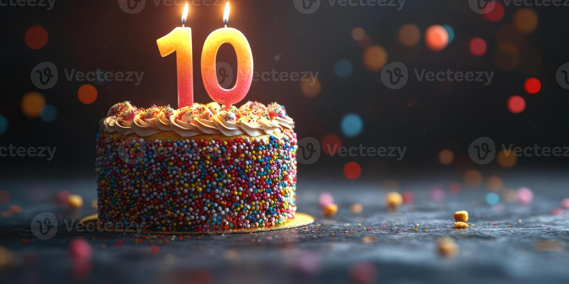 Brightly decorated birthday cake with colorful sprinkles and candles celebrating a special tenth birthday photo