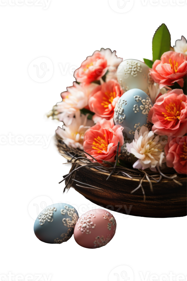 Easter eggs in a basket with flowers and leaves png