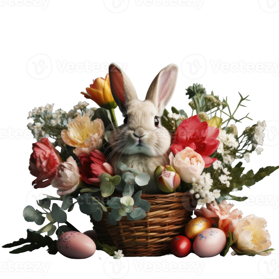 Easter bunny in basket with flowers and eggs png