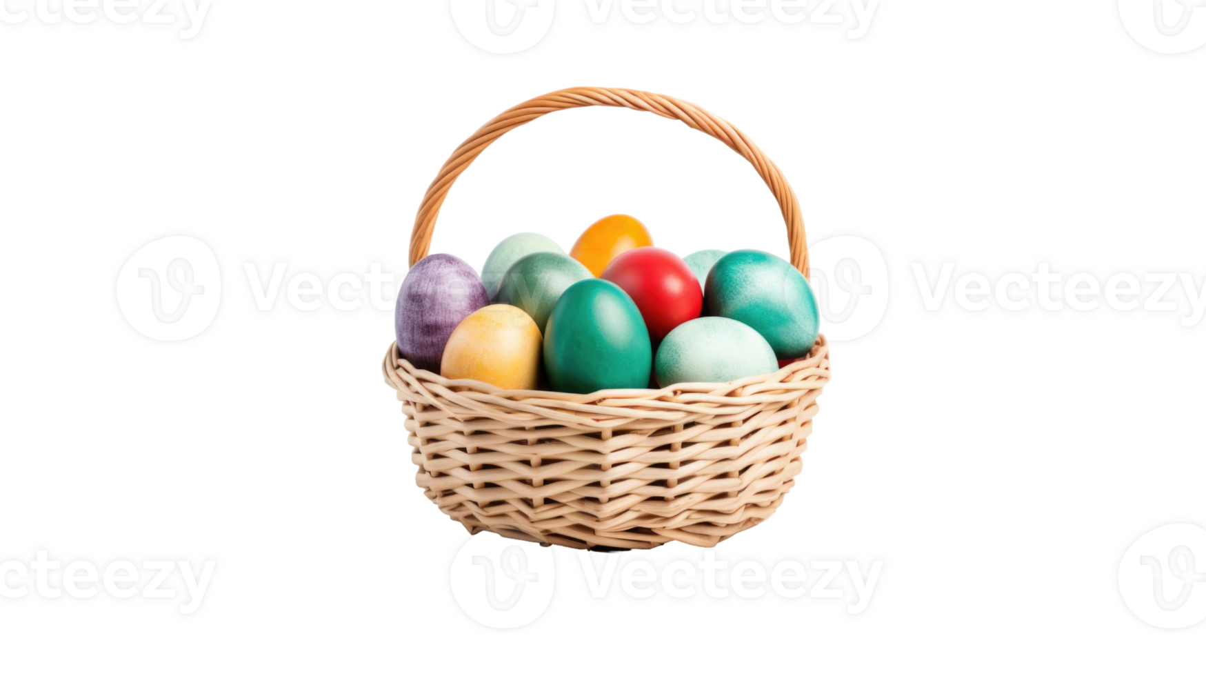 A basket filled with colored eggs on a black background png