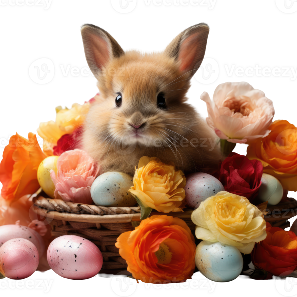 A bunny is sitting in a basket with flowers and eggs png