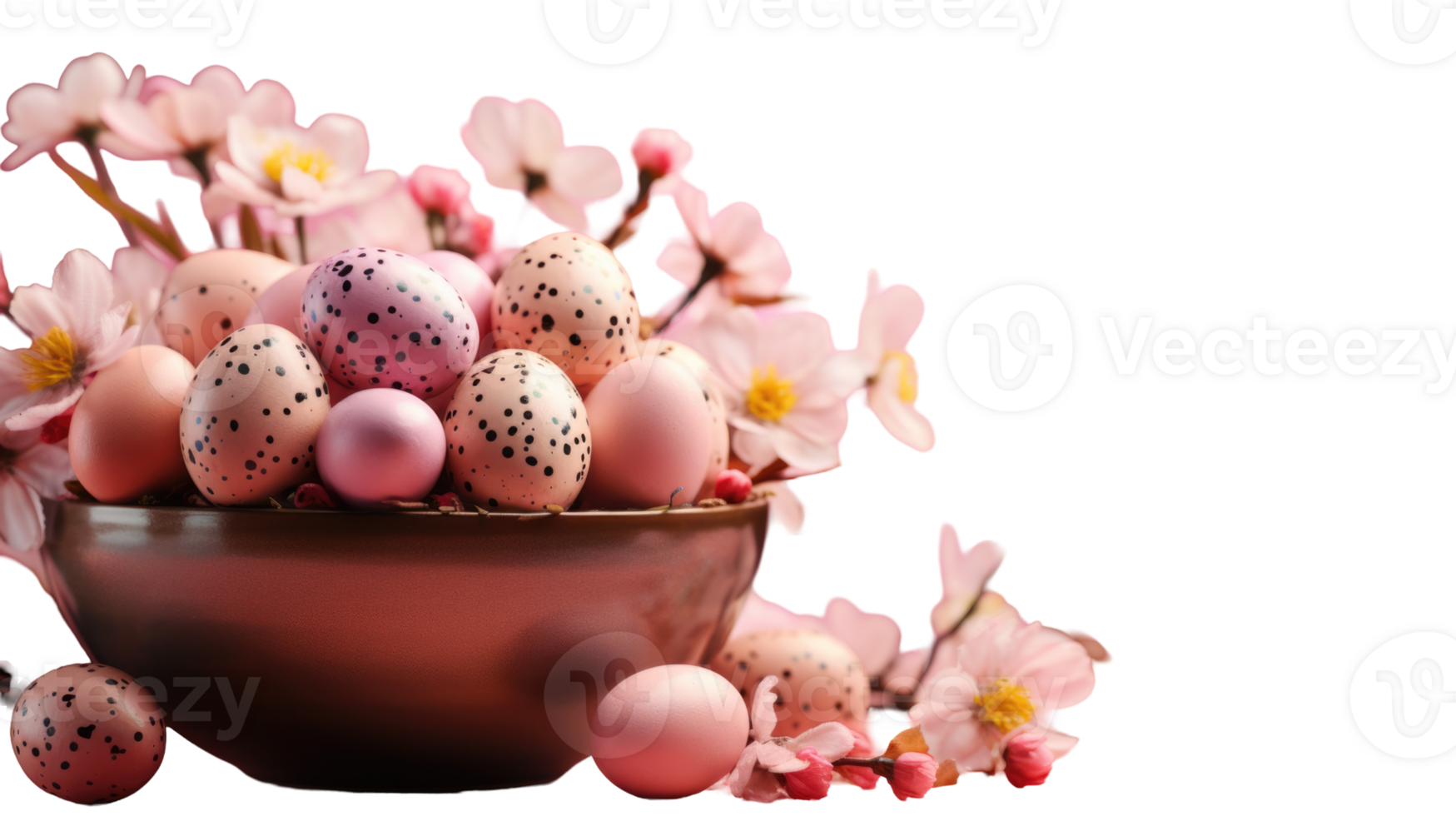 Easter eggs in a bowl with pink flowers png