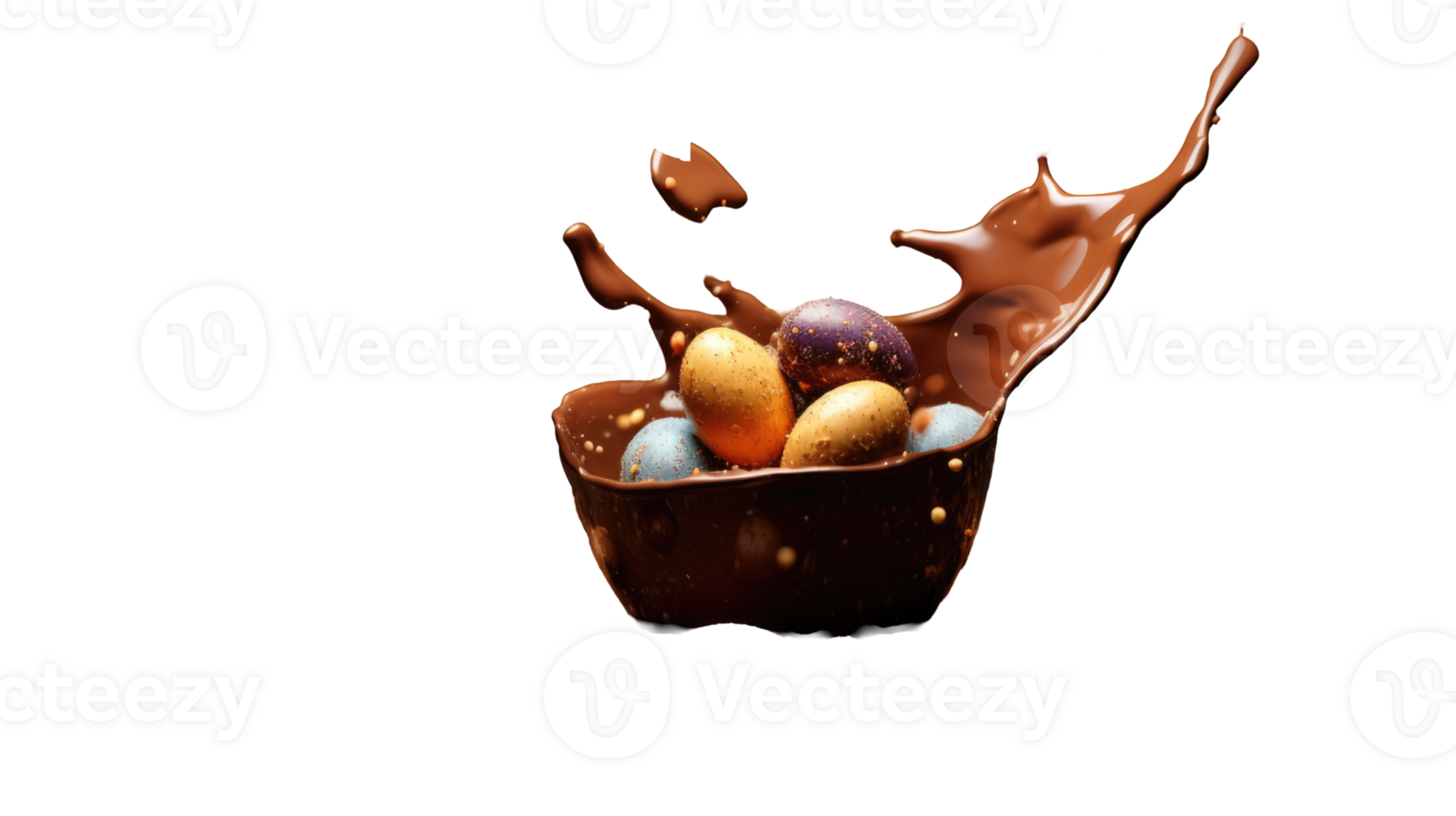 Chocolate eggs in a bowl with chocolate splashing out png
