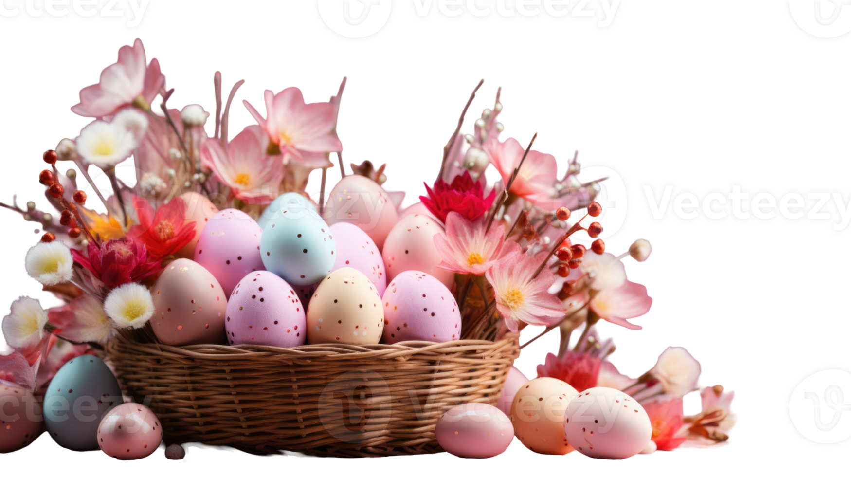 Easter eggs in a basket with flowers png
