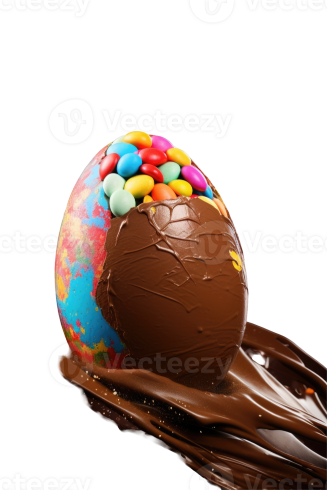 A chocolate easter egg with colorful candy on top png