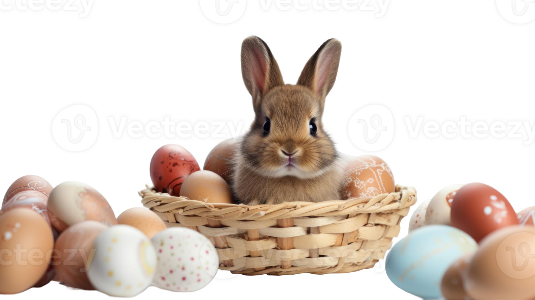 A brown rabbit is sitting in a basket full of eggs png