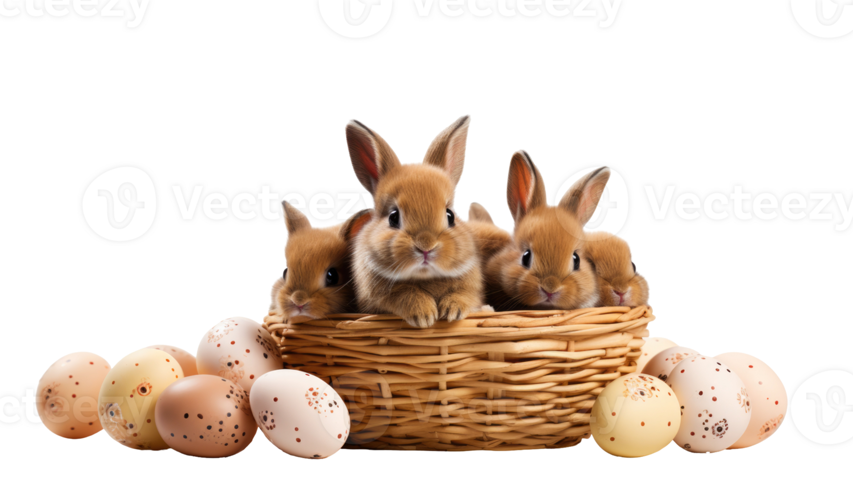 Bunnies in a basket with eggs png