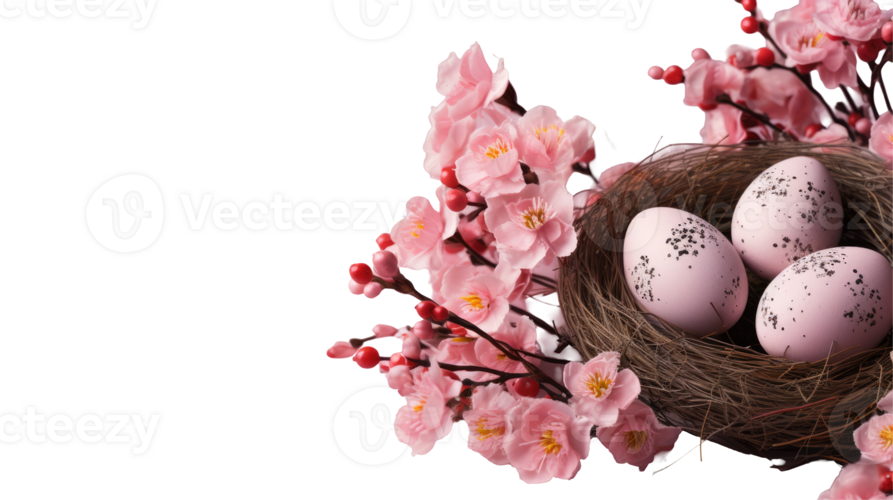 Easter eggs in a nest with pink flowers png