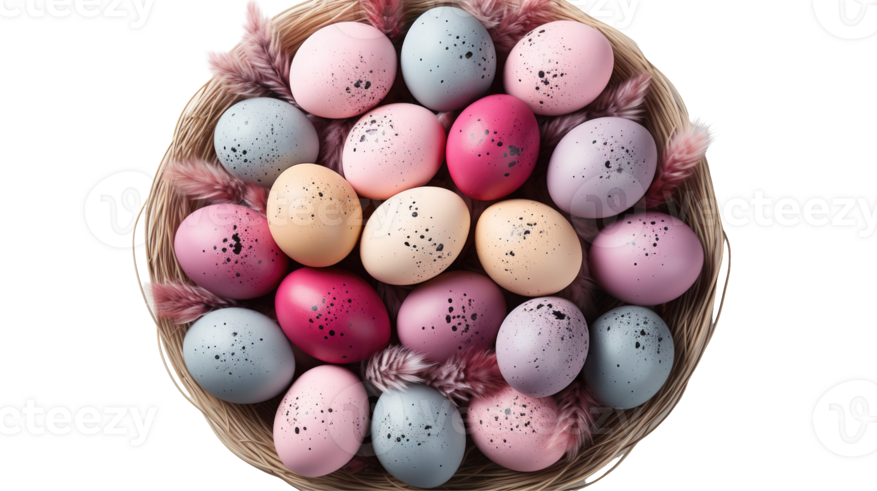 A basket filled with colorful eggs on a black background png