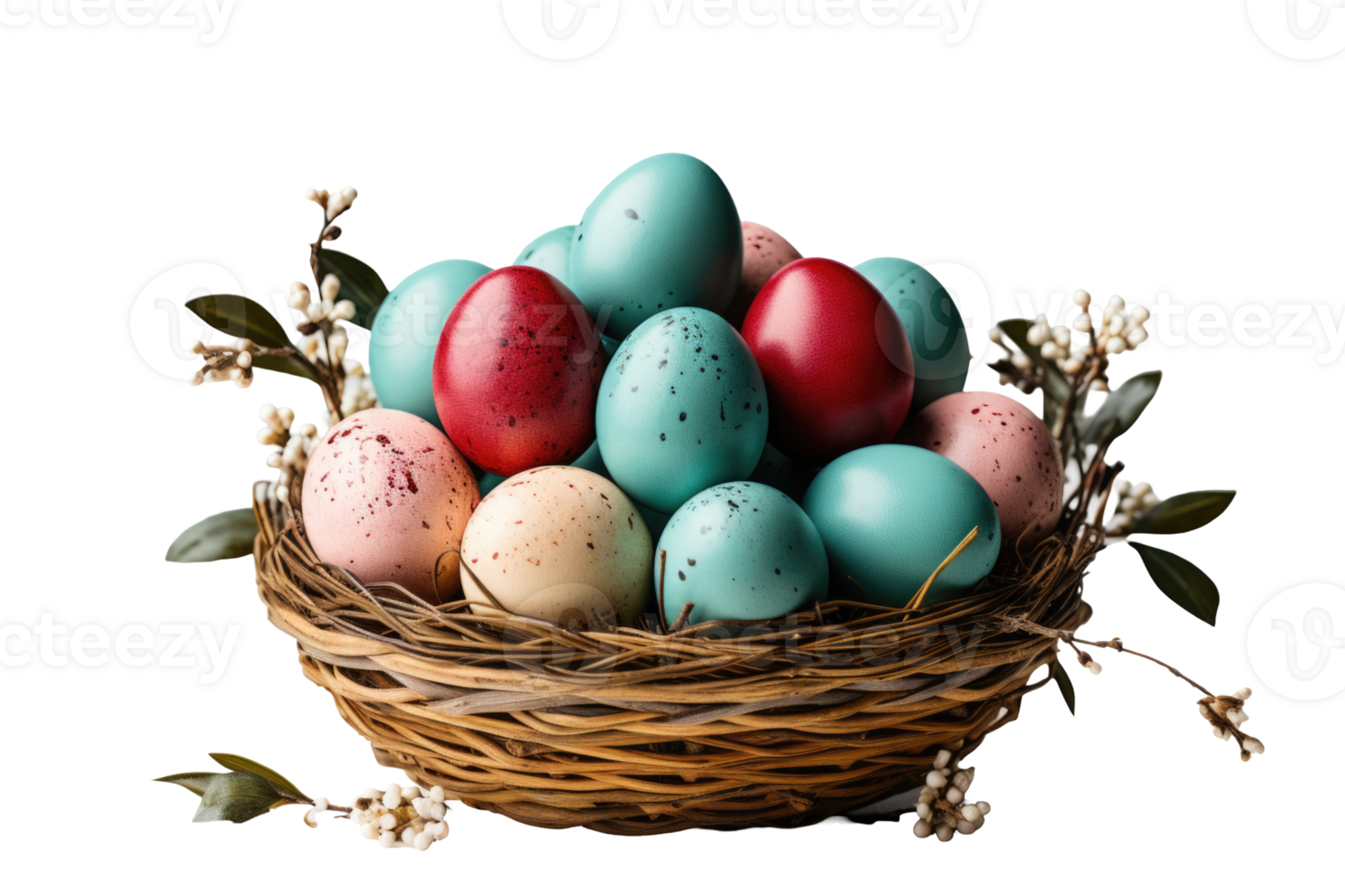 Colorful easter eggs in a basket on a black background png