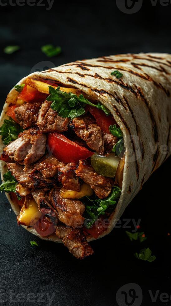 Savory grilled meat wrap filled with fresh vegetables and herbs served on a dark background photo