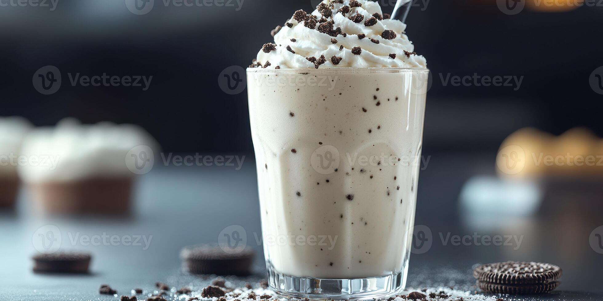Creamy oreo milkshake served in a tall glass with whipped cream on top and scattered cookie crumbs photo