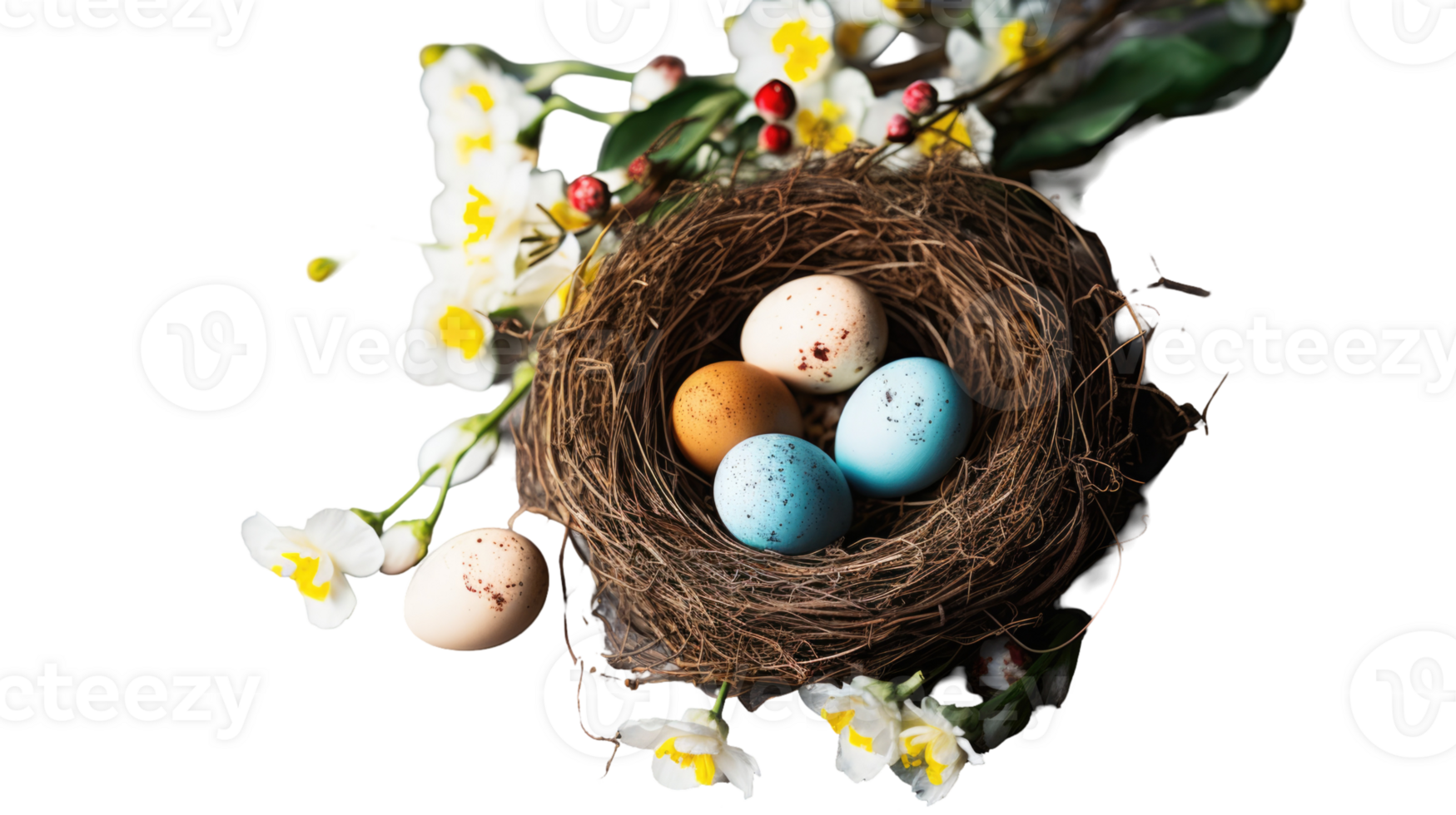 Easter eggs in a nest with flowers on black background png