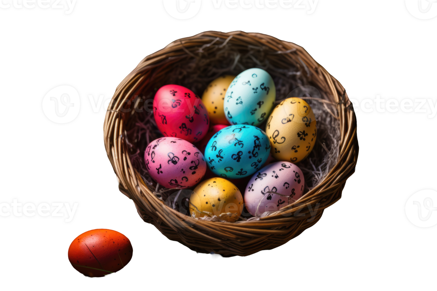 Colorful easter eggs in a basket on a black background png