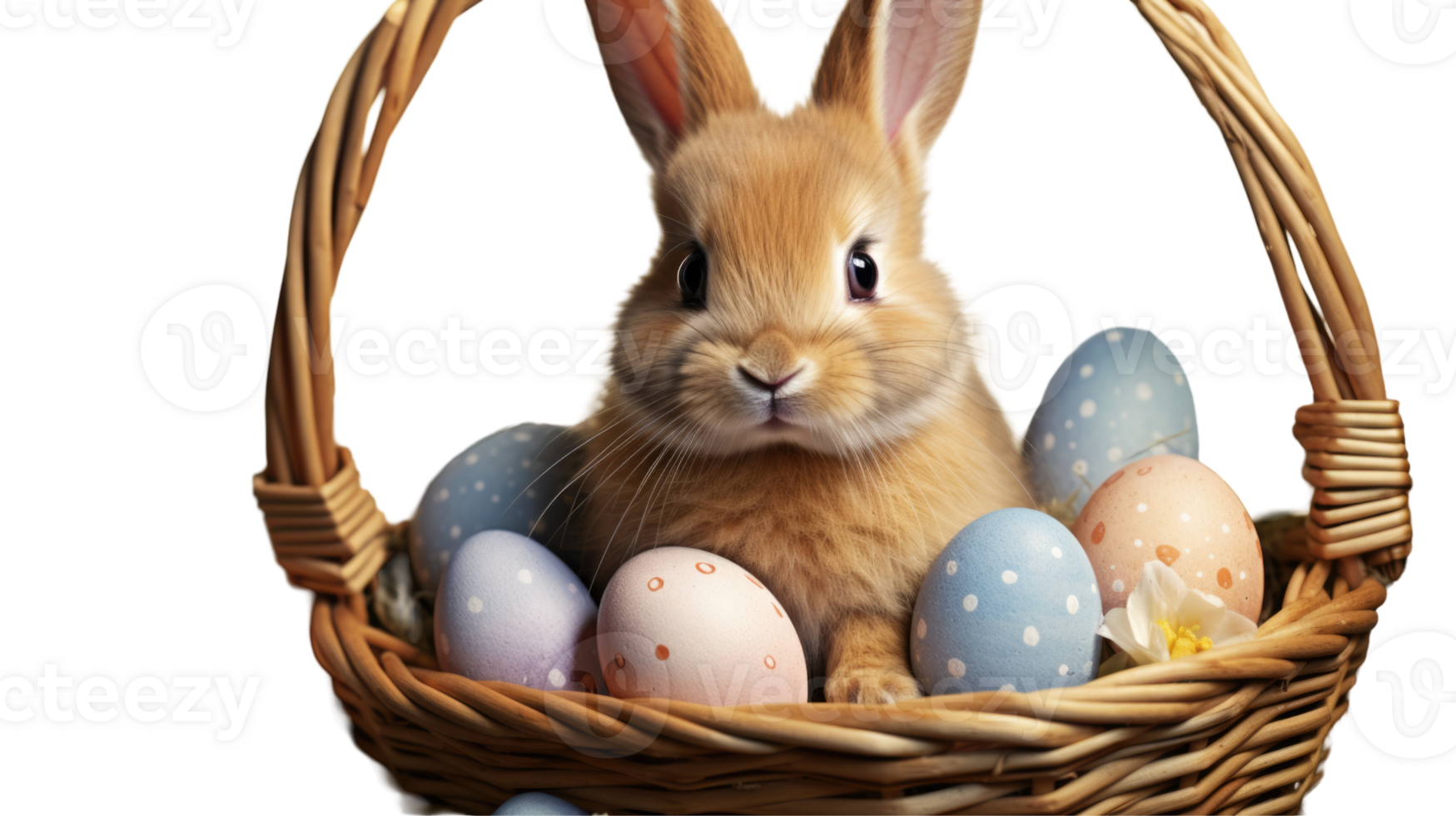 An easter bunny is sitting in a basket with eggs png