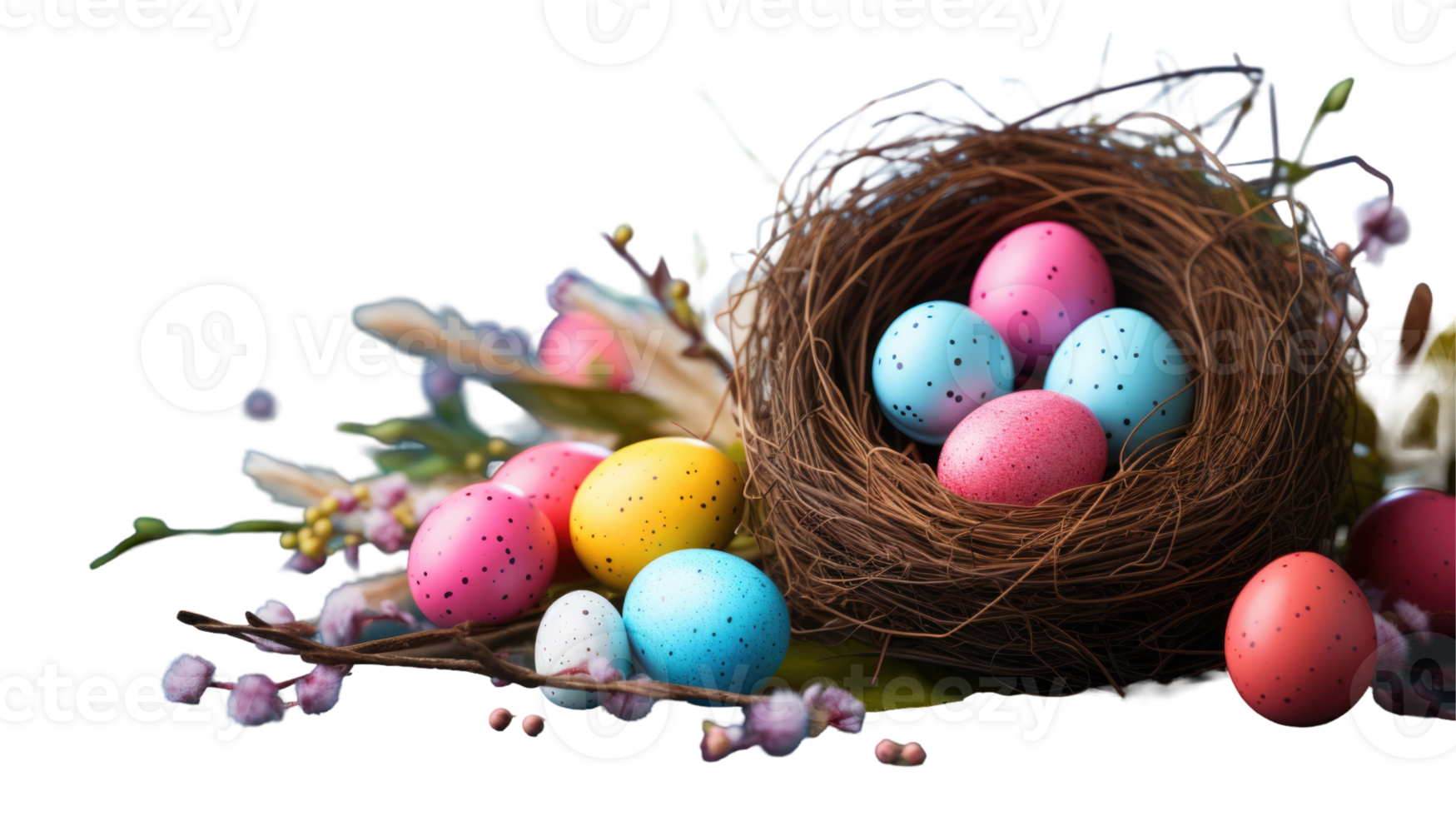 Easter eggs in a nest with flowers and leaves png