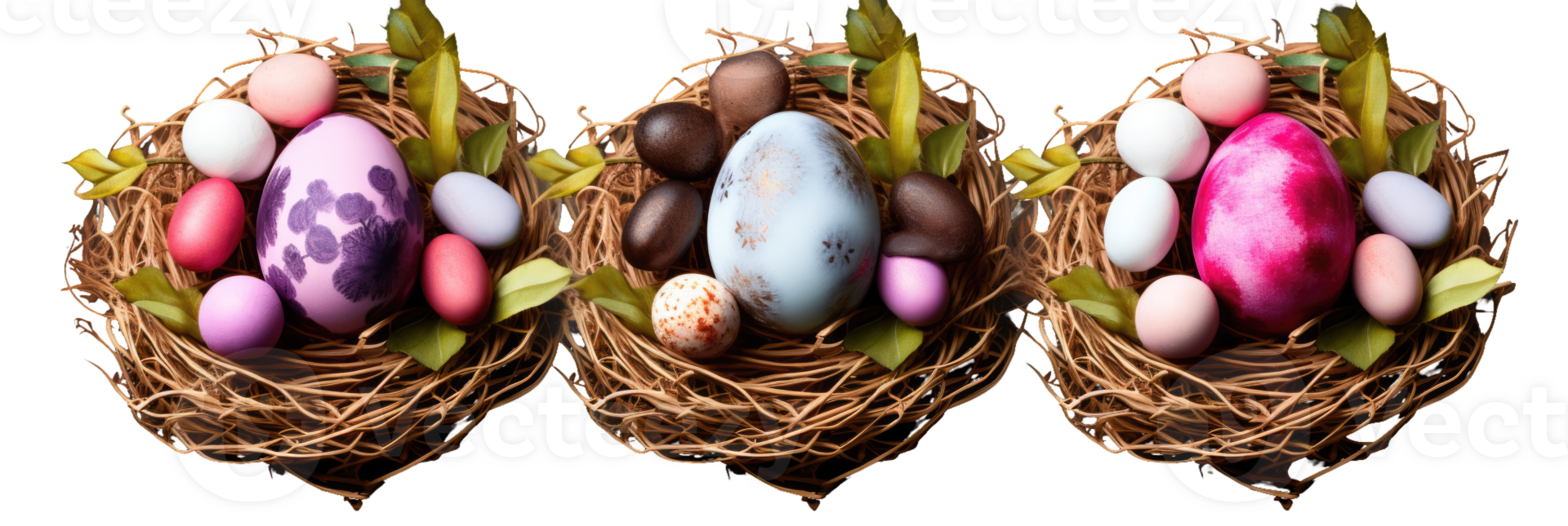 Three eggs in a nest with leaves and flowers png