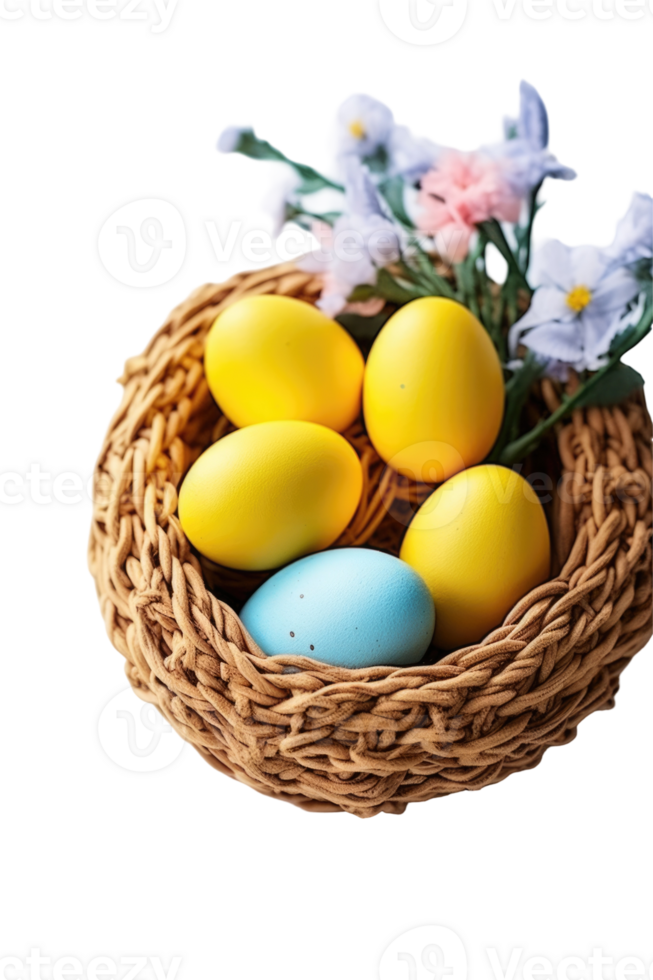 Easter eggs in a nest with flowers on a black background png