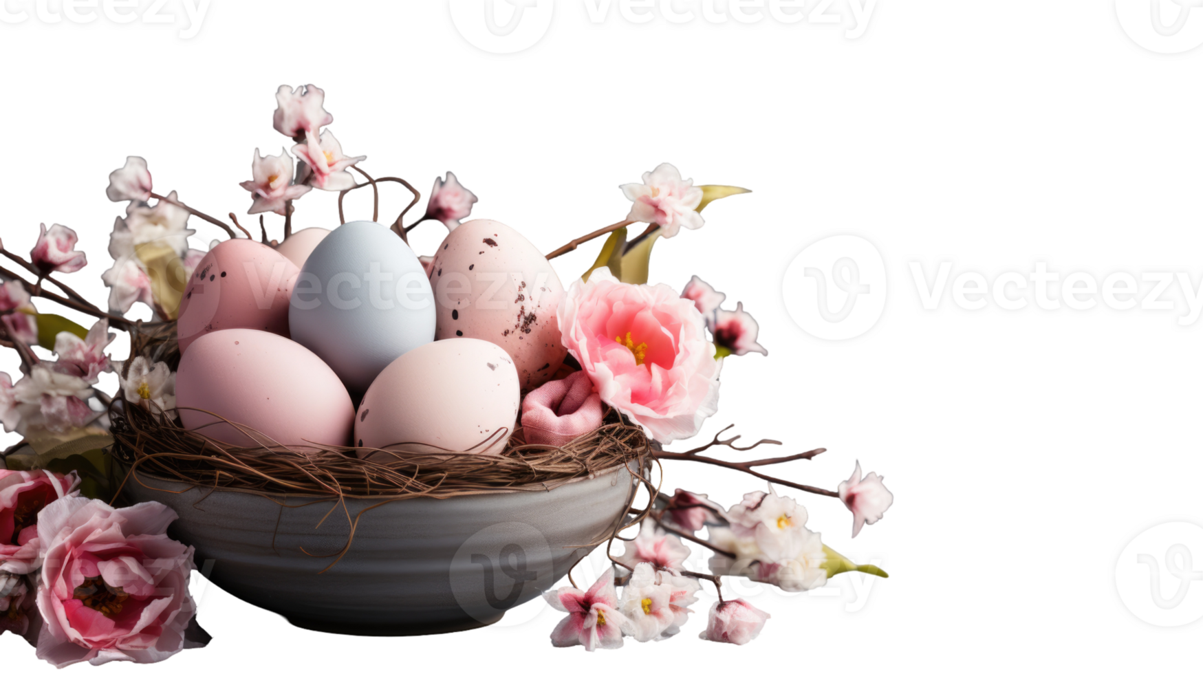 Easter eggs in a nest with flowers on a black background png